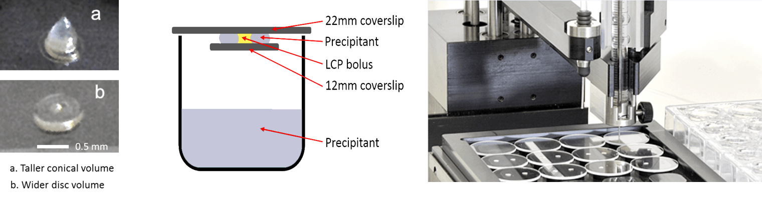 LCP dispensing onto hanging drop coverslips for membrane protein crystallization